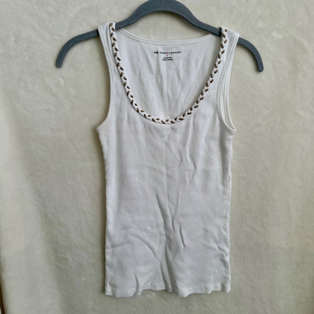 NY&Co White Ribbed Tank Top S Small Gold Metallic Braided Trim Scoop Neck Cami